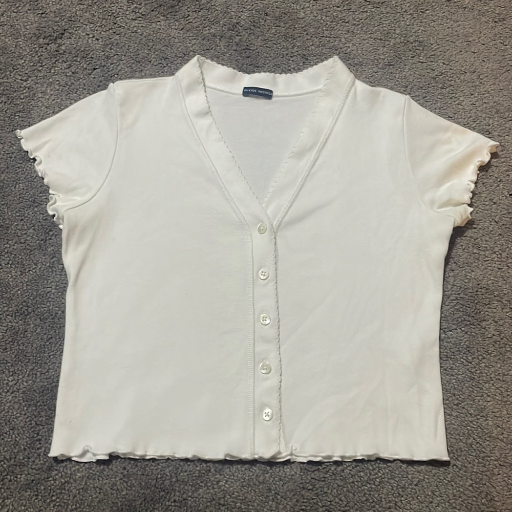 brandy melville white vneck ruffle trim crop top